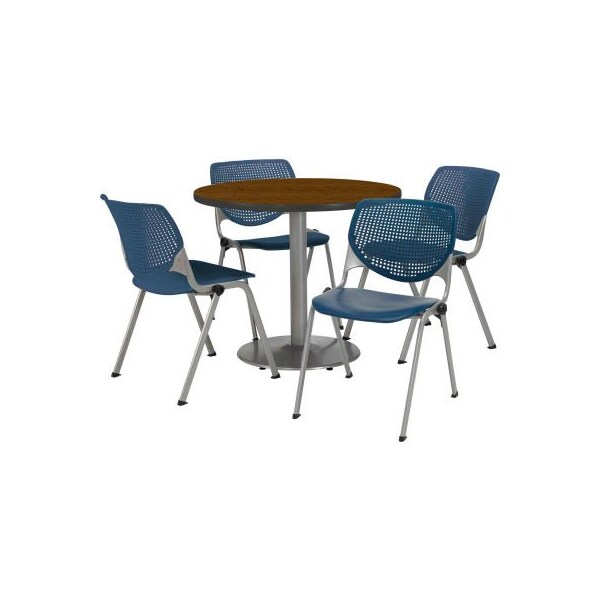 42" Round Dining Table & Chair Set, Walnut Table With Navy Plastic Chairs